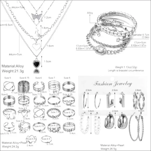 Silver Plated Jewelry Set with Adjustable Necklaces Bracelets Earrings Rings - Picture 3 of 7